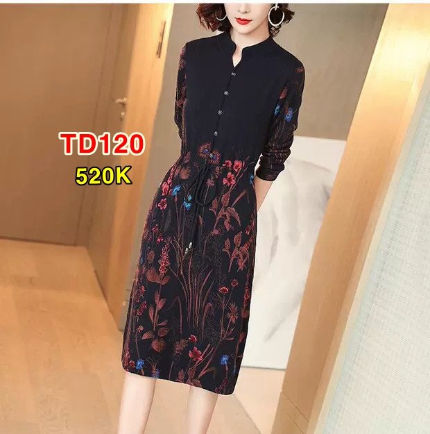 Đầm Len Phối Hoa Rút Eo - TD120